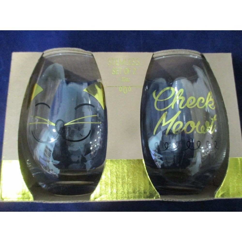 Check Meowt! Gold Cat Face  22oz.TMD Stemless Wine Glasses New IOB